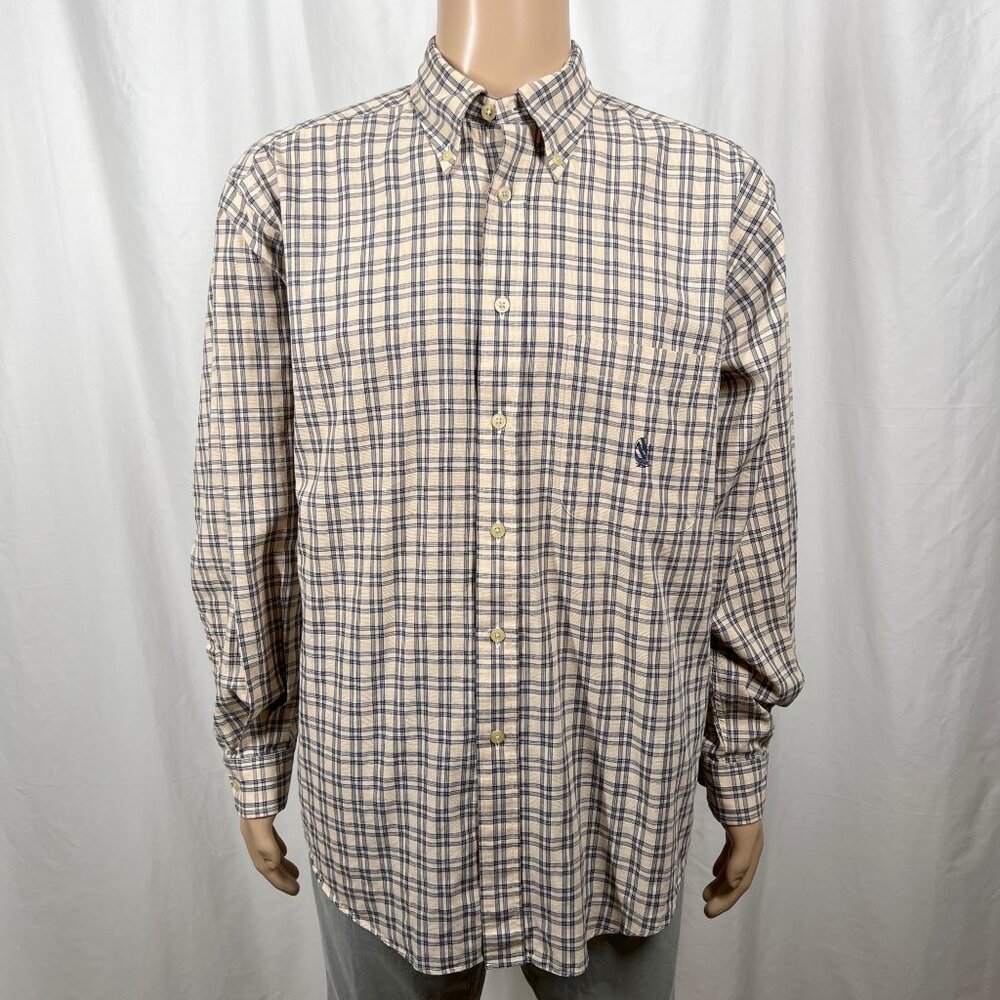 Vintage 90s Nautica Men's Large Beige Blue Plaid Long Sleeve Button-Up Shirt